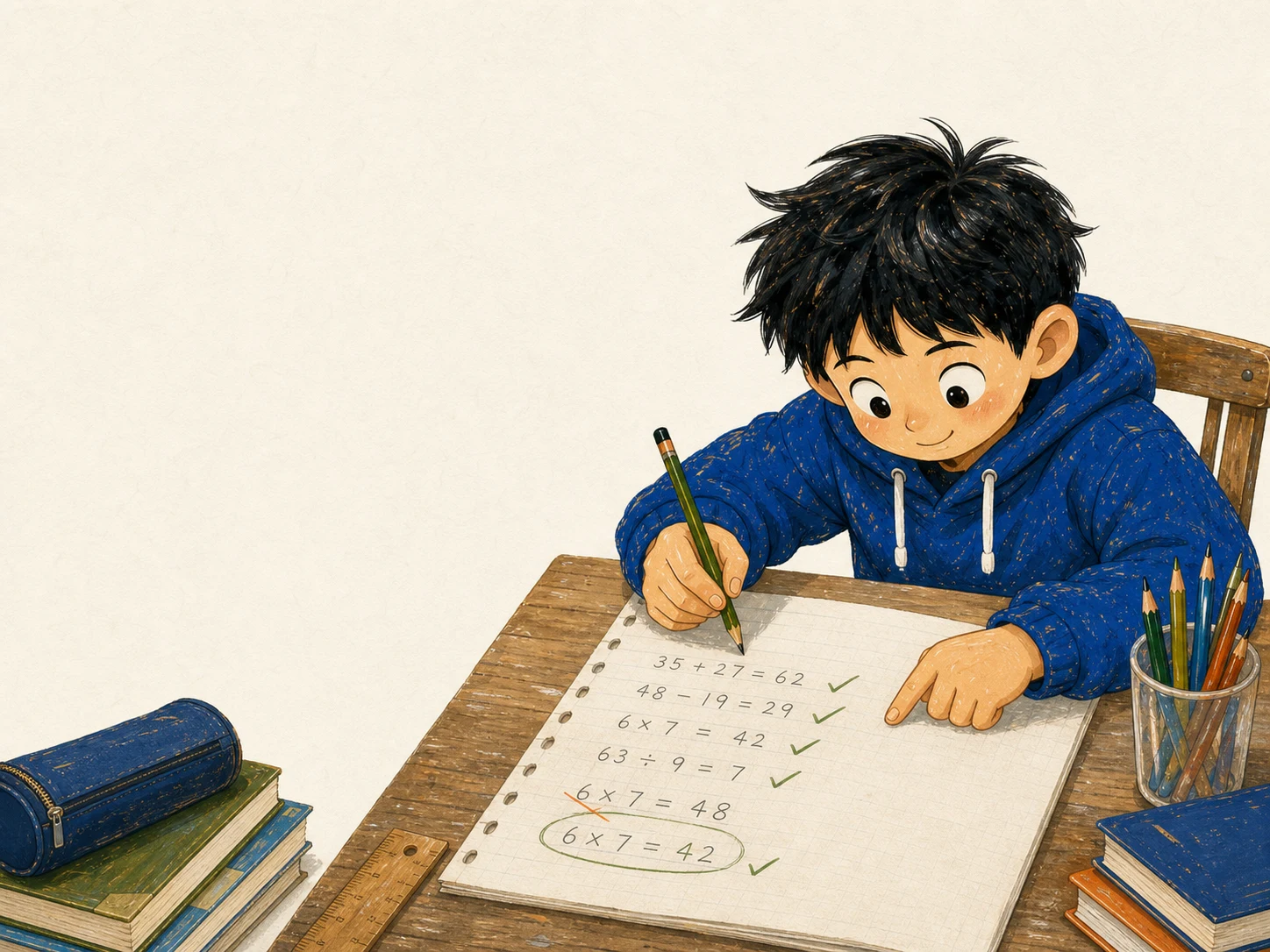 孩子在书桌前检查作业并订正错题